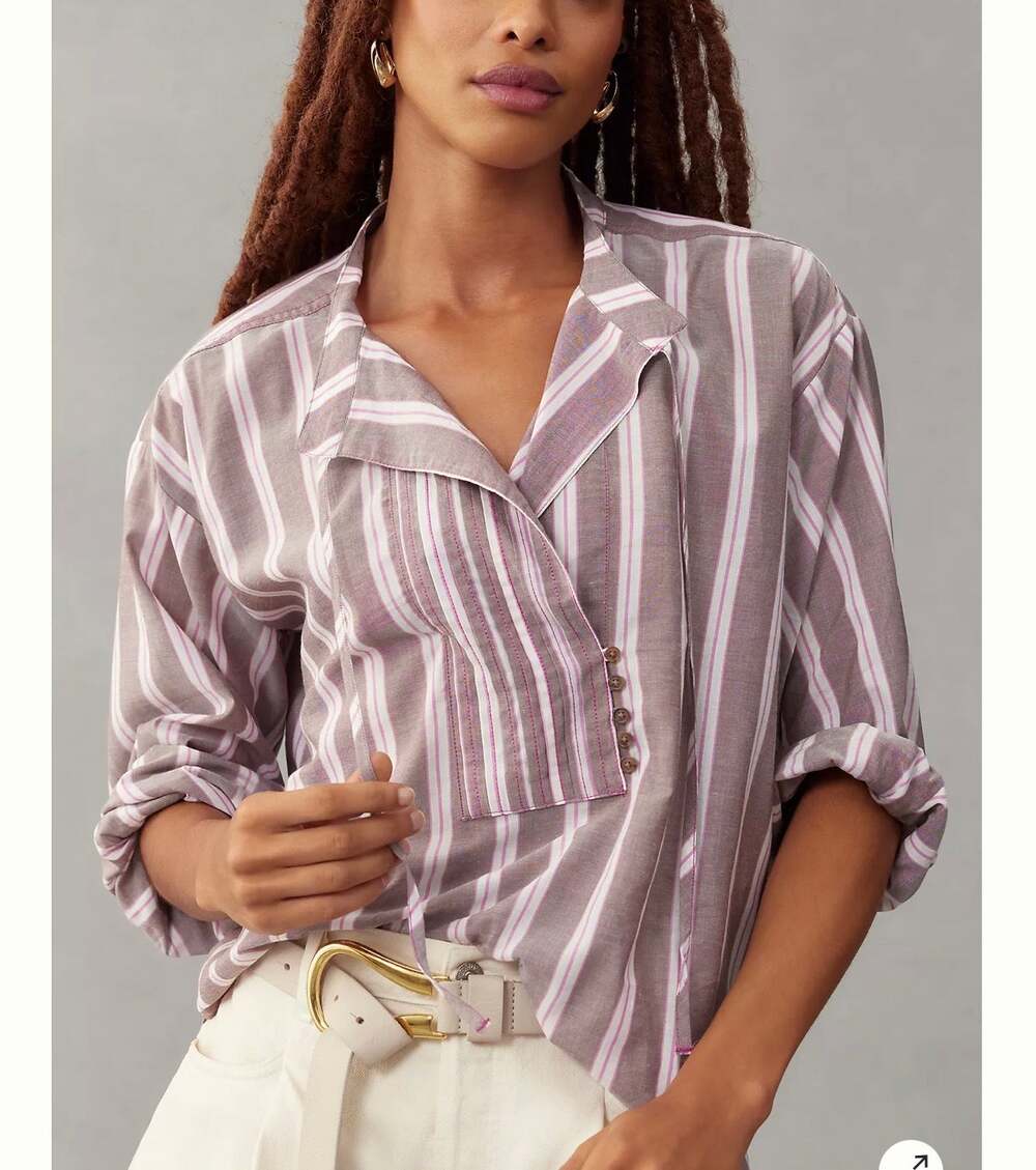 Pilcro Anthropologie Women's Pink Brown Stripe Long sleeve Popover Top Sz S